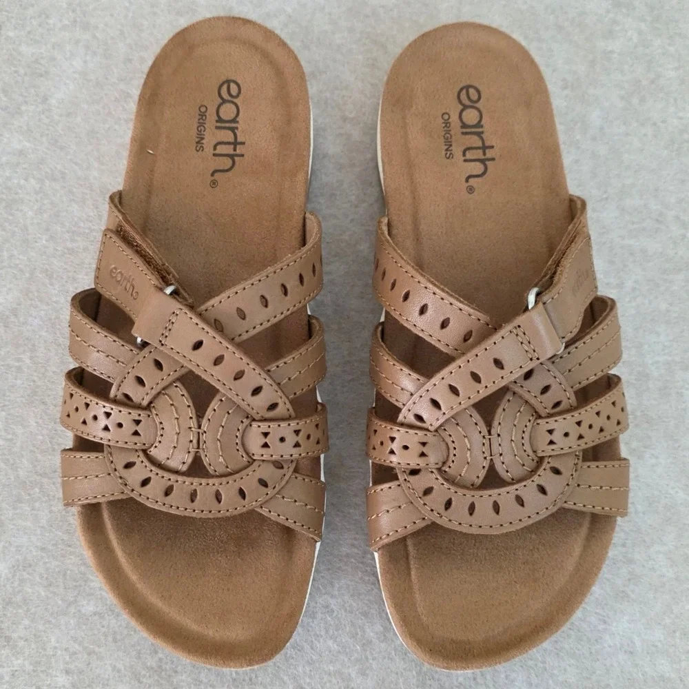 Earth Origins Leather Slip‎ On Flat Sandals Sz 7M Sassoni Comfort Casual Boho